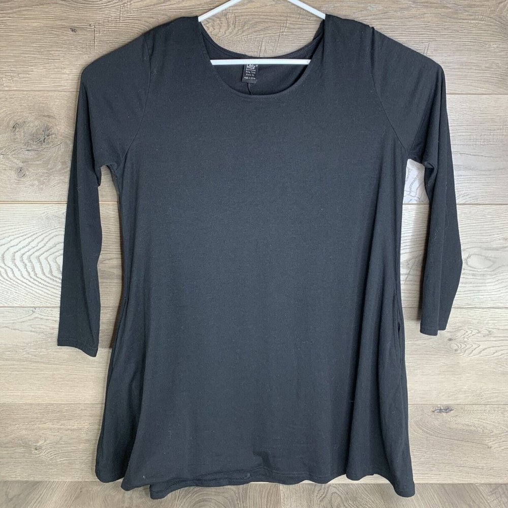 Lildy Swing Tunic Womens Size L-XL Black Solid Long Sleeve Side Seam Pockets - Picture 2 of 8